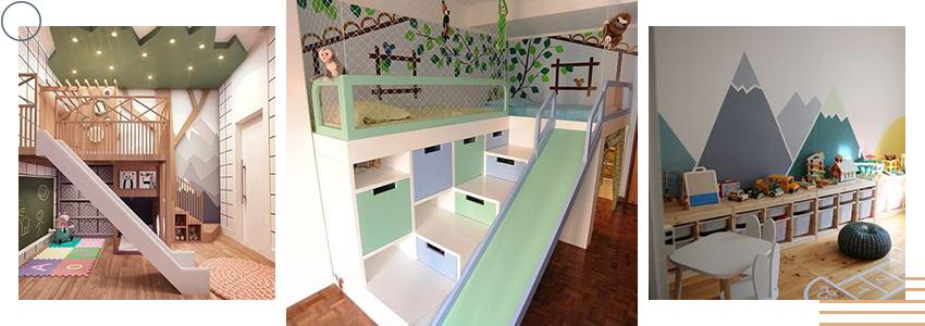 aménagement chambre enfant avec installation ludique de toboggan et marelle au sol